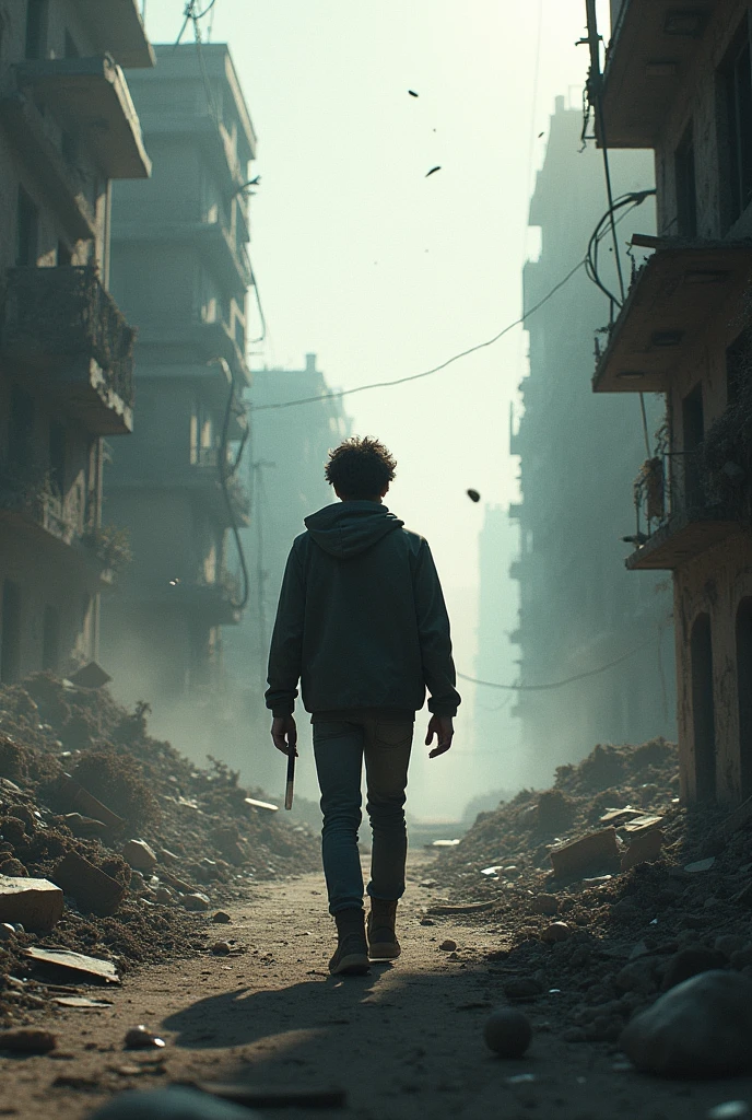 generates a city devastated by an earthquake where a 20-year-old boy is seen going into the city




