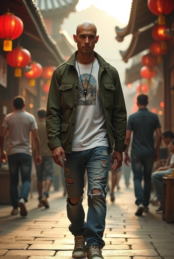(photorealism:1.2), Seorang pria asia sangat tampan rambut botak 1cm, berjalan di pasar tradisional yang sangat ramai orang lalu lalang, memakai army jacket dan kaos sablon putih celana jeans sobek2, sepatu sneaker nike model terbaru, handsfree, warm colors, by Greg Rutkowski, by Alphonse Mucha