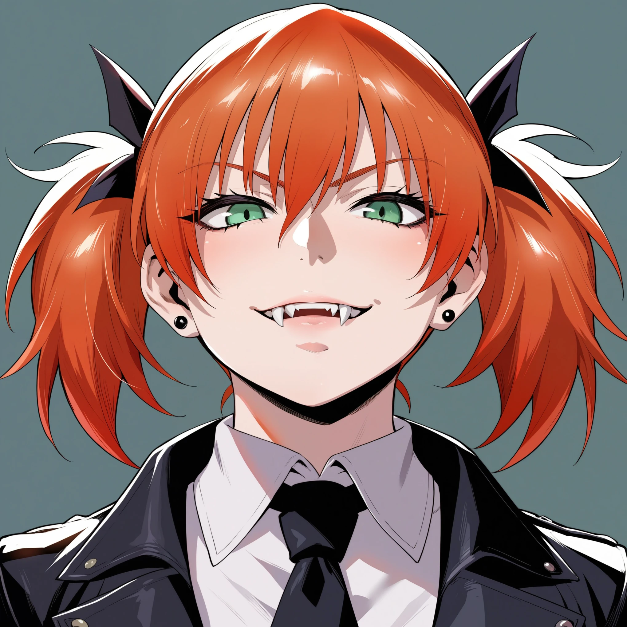 source_anime, rating_explicit, score_9, score_8_up, score_7_up, goth, gothic, ginger hair, short_hair, looking at viewer, hellsing, goth girl, ikuchan, smirk, green eyes, portrait face, face focus, face only, edgy, fangs, vampire, detailed, high quality, twintails