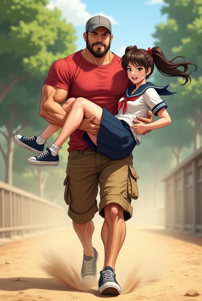 Muscular man wearing a shirt with long shorts Long loose shorts With pockets on the sides with converse sneakers red T-shirt and brown shorts Long short, Normal musculature With beard and baseball cap Realistic musculature. Carrying in his arms Short petite adult woman with long pigtails and school uniform Sailor uniform with short skirt While running very fast kicking up dust anime style 2D He has normal musculature