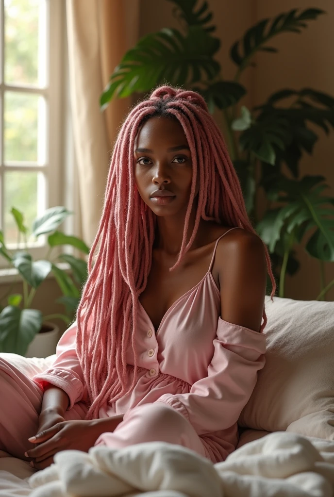 (photorealism:1.2), beautiful light skinned African American woman, sitting on bed, wearing loose off-shoulder top, pajama pants, long pink dreadlocks, indoors, soft lighting, plants in background, window with sunlight, cozy room, relaxed pose, realistic, intricate details, warm colors, 