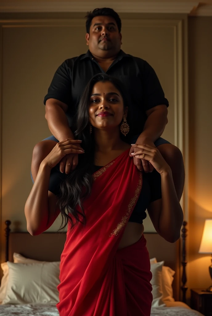 Beautiful and Slim, Sexy Indian woman in black blouse red saree , lifting a large chubby man above her shoulders, man is sitting on woman's shoulders, in a bedroom with high ceiling at night