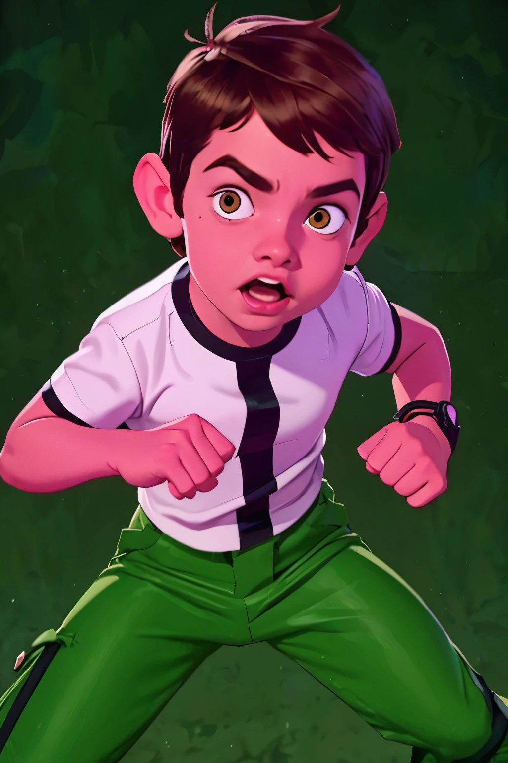 Movie poster, Ben 10 (((A child, *** ))), brown eyes, (((wearing a white outfit with black stripe in the center, green pants))) , showing fist. (Omnitrix on arm)) . (Action facial expression ) . highy detailed, face detailed, realisitic, cinematic lighting, studio quality, proffesional, face detailed, intrikate, bright coloured. ((abstract lighting background)).