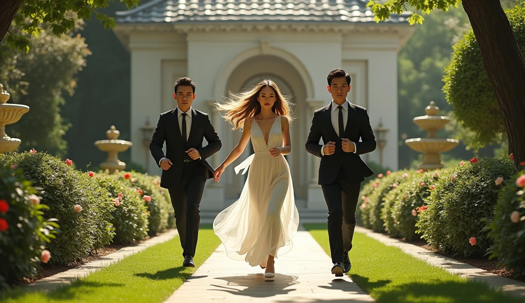 a 3 asian man in a suit chasing an asian woman with long blonde hair in a white dress in a garden of a luxurious mansion
