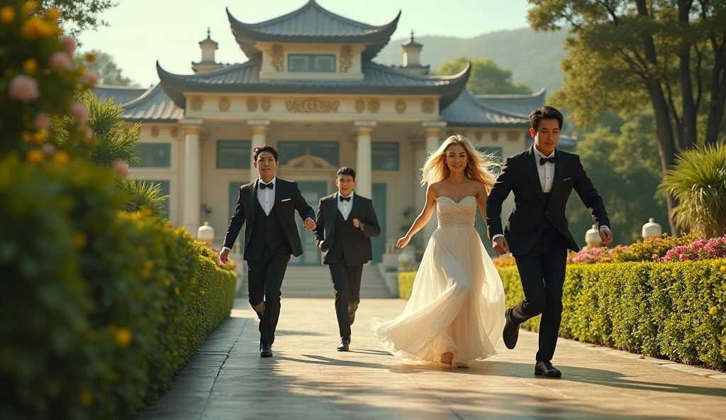 a 3 asian man in a suit chasing an asian woman with long blonde hair in a white dress in a garden of a luxurious mansion
