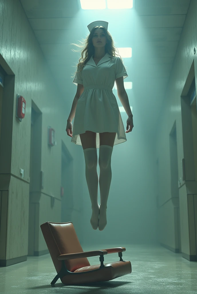 Nurse scene in white thigh high socks, hanged ,hovering in the air , The chair fell at the nurse's feet.