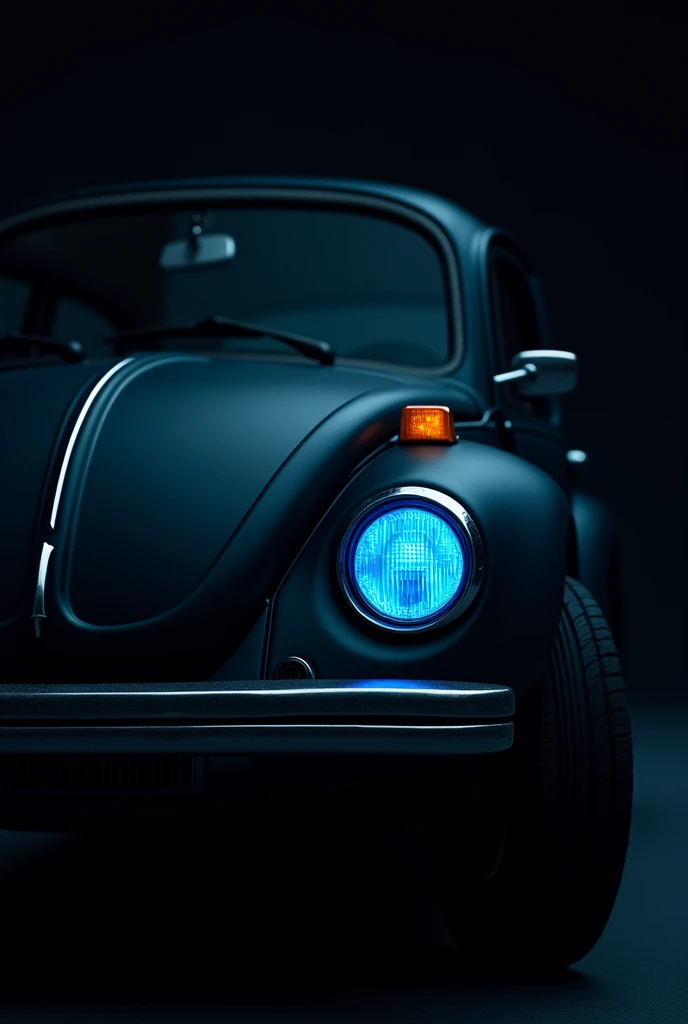 Creates a closer image with a black background of a black 1980 Beetle with only 1 blue headlight visible