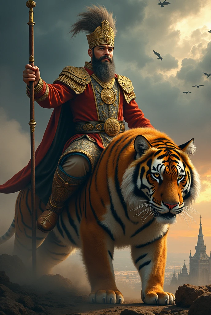 (RPG), King's name raja wira jagad sakti, sitting on big fury tiger, wearing malay royal suit, wearing tengkolok ,ain't no beard nor moustache outdoors,holding trisula jagad sakti and cemeti berapi halilintar on both hands, enhance lighting, thunder in background, , majestic atmosphere , relaxed pose, realistic, intricate details, majestic colors, by Greg Rutkowski, by Alphonse Mucha