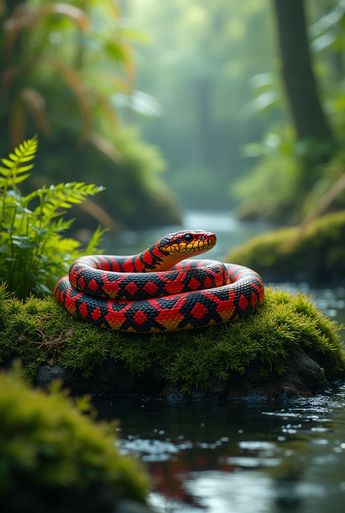 generate an image prompt to color peto and white, on the bank background, of a coral snake animal
 in the middle of nature