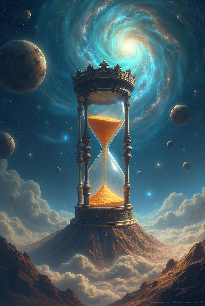 make me a universe scene with a big hourglass in the center of the image