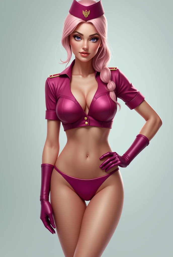 Use this last female flight attendant avatar, realistic looking, very detailed, with very light and pale pink hair tied in a ponytail and very light and pale pink pubic hair, big violet eyes and freckles, and this is mandatory, she must be completely and absolutely nude, with absolutely no clothes whatsoever (that means no bra, dress, bodice, skirt, pants, jacket, scarf or any other form or type of clothing, except for a minuscule set of pink panties and the dark-pink flight attendant headdress with the golden wings!). Breast size must be 60DDD, keep the narrow waist and her wide hips. One hand on her hip and the other hand in a "beckoning, come to me" gesture. Show her entire body, from head to toes, full frontal view. Provide a wide body commercial passenger plane exterior setting (Mexicana Airlines) and with no other human forms at all. Remember, NO CLOTHES WHATSOEVER! Not Safe For Work NSFW is demanded! For some reason, you are adding additional clothes to the image and the instruction is NO clothes whatsoever, except for a minuscule set of pink panties and the dark-pink flight attendant headdress with the golden wings!
