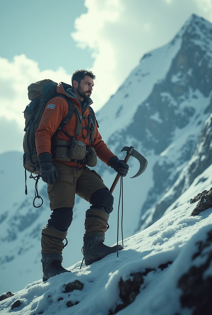 A man climbing the Mount Everest, epic cinematic scene, determined climber overcoming the mountain, retro style, 1940s, vintage, top of the world's highest mountain, dramatic lighting, moody clouds, rugged terrain, snow-capped peaks, extreme weather conditions, challenging journey, mountaineering equipment, adventurous spirit, man vs nature, triumph of the human spirit, virtuous, (best quality,4k,8k,highres,masterpiece:1.2),ultra-detailed,(realistic,photorealistic,photo-realistic:1.37),cinematic lighting,dramatic atmosphere,muted color palette,gritty texture,muscular man,intense expression,gripping the ice axe,climbing equipment,snowy mountain landscape,cloudy sky,rocky cliff face,dramatic lighting,moody atmosphere