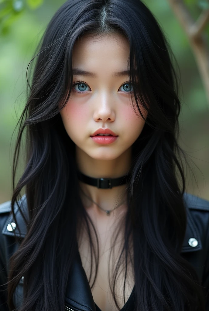 beautiful blue eyed chinese girl, long black hair, without makeup on the face, and with a rock style. Realistic photos