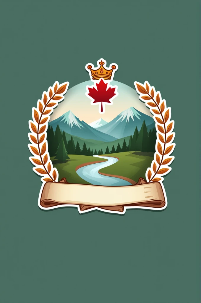 Create a school logo that has a crown on top and laurel leaves on the sides and in the middle a scroll with mountains and a river, a red Easter and a notebook 