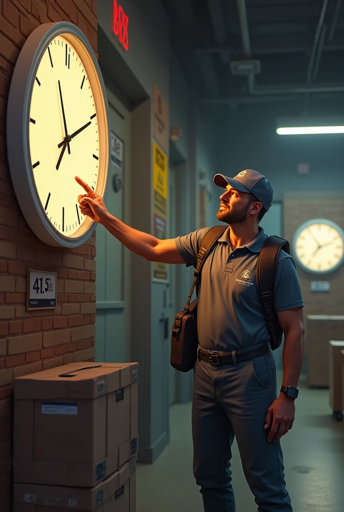 Delivery boy  pointing his finger at clock stress