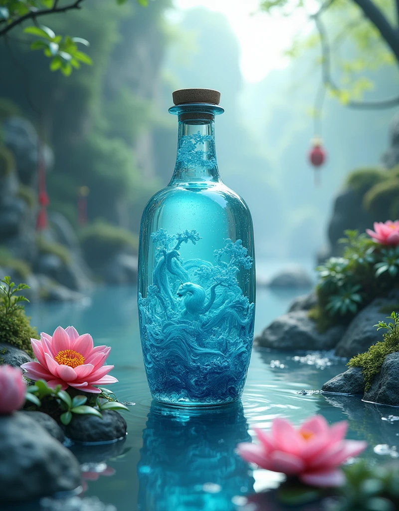 masterpiece，high quality，Best quality，aesthetics，Sculpture，Product photography，Glass bottles surrounded by jade landscape，陶瓷Sculpture玻璃瓶，Transparent water，Chinese 3D landscape painting background，复杂Sculpture背景，Chinese Song Dynasty Landscape Painting，Blue Theme，Surrealistic dream style，Organic fluid，Ray Tracing，Colorful flowers，Flower foreground occlusion，Natural light，jungle，C4D，OC Rendering