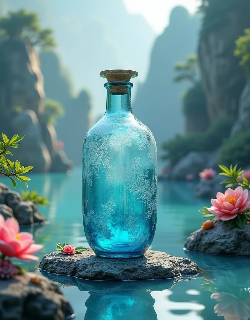 masterpiece,high quality,Best quality,aesthetics,Sculpture,Product photography,Glass bottles surrounded by jade landscape,陶瓷Sculpture玻璃瓶,Transparent water,Chinese 3D landscape painting background,复杂Sculpture背景,Chinese Song Dynasty Landscape Painting,Blue Theme,Surrealistic dream style,Organic fluid,Ray Tracing,Colorful flowers,Flower foreground occlusion,Natural light,jungle,C4D,OC Rendering