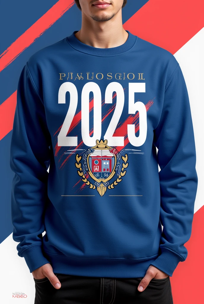 Create me a design of a 2025 grade 11 promotion sweatshirt with the colors blue, white and red