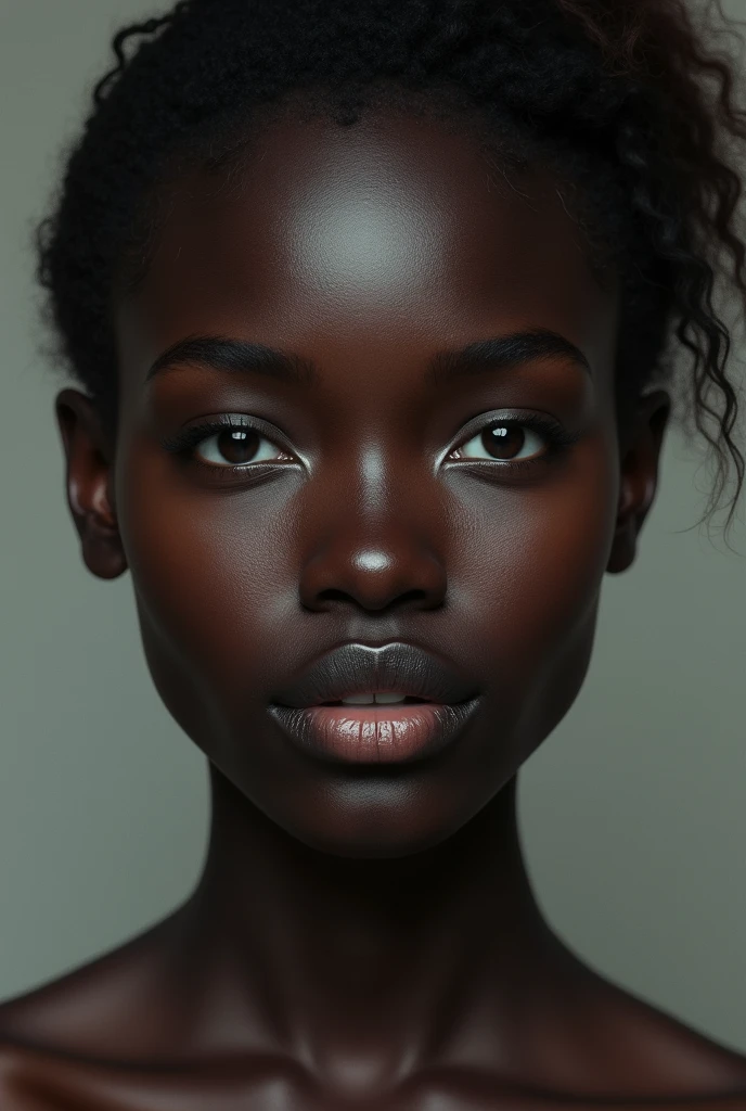 Dark-skinned woman, light eyes, big lips, light hair, perfect nose