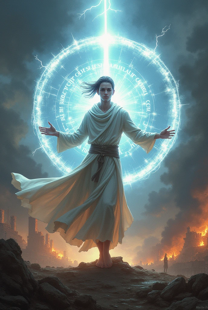 a battle where a half-elf cleric man with delicate features makes a barrier of light