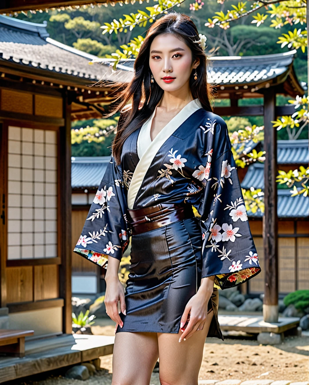 high quality、high quality、Better image quality、8k、High resolution、High resolution、masterpiece、raw photo、Full body photo、realistic atmosphere、(detailed face)、(fine hands、thumb1reference4)、(beauty of japan )、very pretty face、beautiful face、((Beautiful Japanese girl))、(Japanese woman), ((1 beautiful girl))、(shiny black hair)、(long and straight hair)、(Horse tail)、slim style、(shiny skin)、(White skin, shiny skin)、real human skin、realistic human body structure、perfect body, perfect face, perfect hands, perfect fingers, perfect lips, Perfect eyes,perfect teeth、perfect background, perfect environment, natural soft light、Photon mapping、Traditional Japanese、、In front of an ancient Japanese samurai residence、((Dark transparent color(Kimono with floral crop top、mini skirt with side slit、Tai Chi posture.