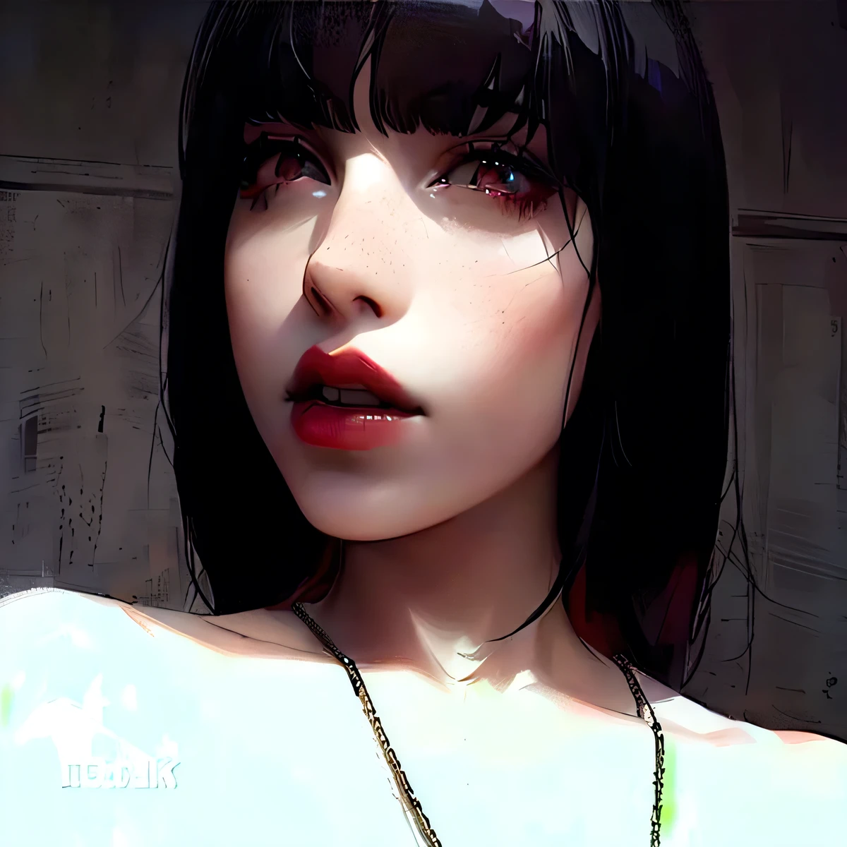 there is a woman with a necklace on her neck and a necklace on her neck, 1 goth girl, 🤤 girl portrait, 1 anime goth girl, pale goth beauty, she has black hair with bangs, lily frank, extremely pale white skin, pale porcelain white skin, with pale skin, 1 girl