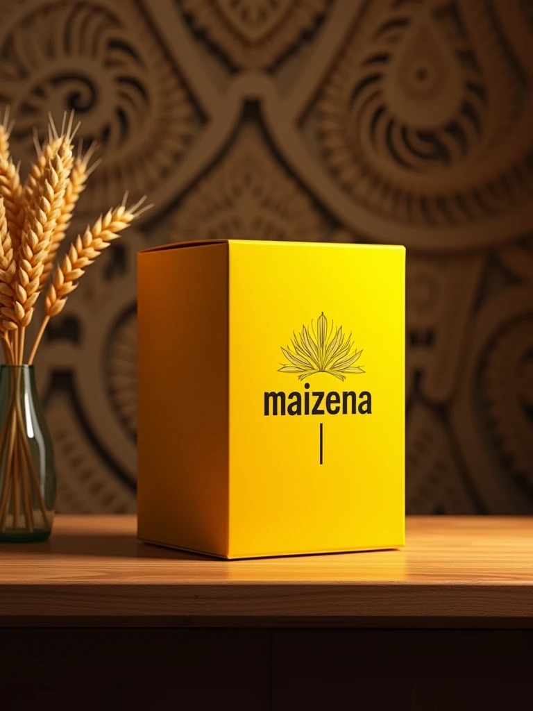 a highly detailed photographic image of a yellow cereal box labeled "MAIZENA", wheat complex background intricately designed with vintage charm, wooden bar top, dim ambient lighting, 70mm lens, shallow depth of field, sophisticated exclusive aura, photorealistic, 8k, masterpiece, professional, ultra-detailed, physically-based rendering, vivid colors, studio lighting