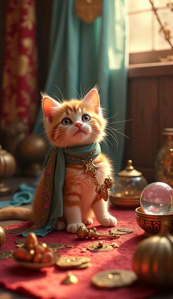One cute kitten、Fortune teller&#39;s clothes、sit、Fortune telling crystal、The background looks like it will bring good luck.