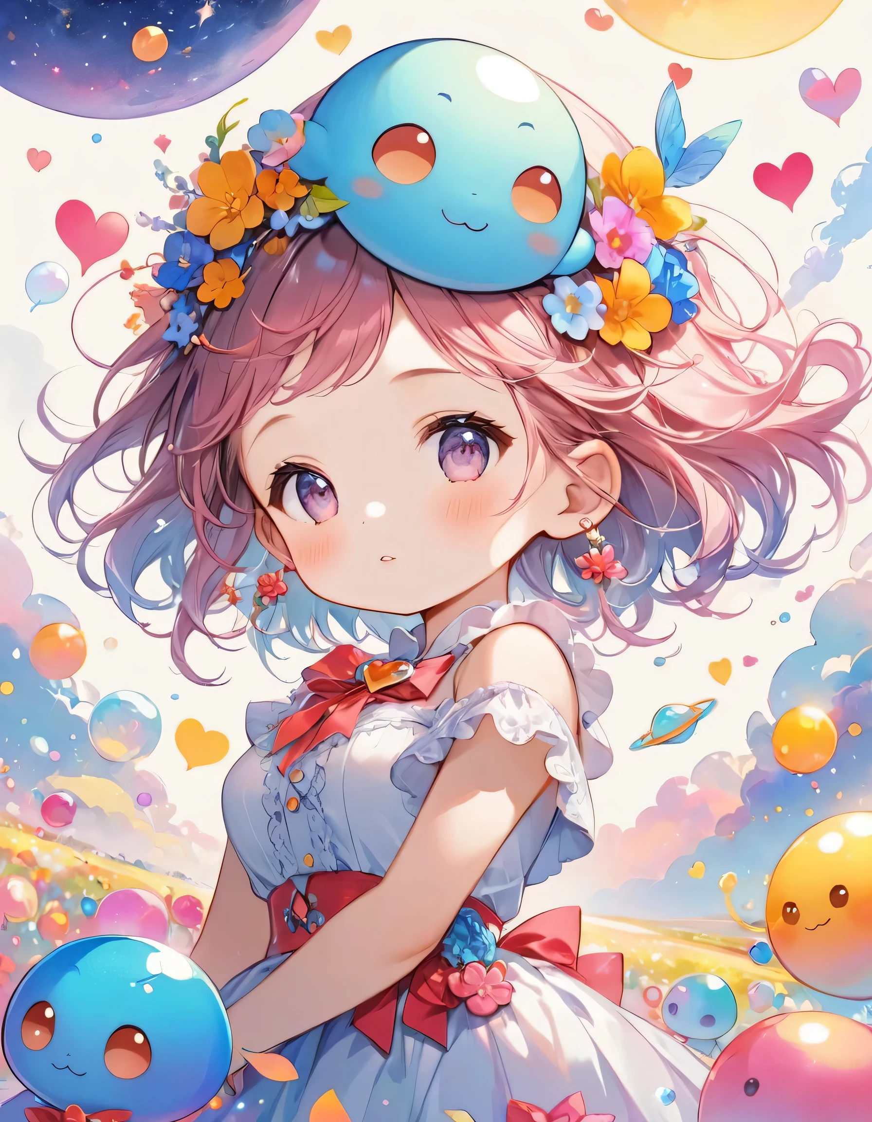Momoko Sakura colorfull style, Simple Line Initialism,Abstract art,(((The most beautiful girl of all time))), (((chibi))), Sweet face. colorful hearts, funny design, (((bosom buddy ))), (((Cute Aliens))), The background is space