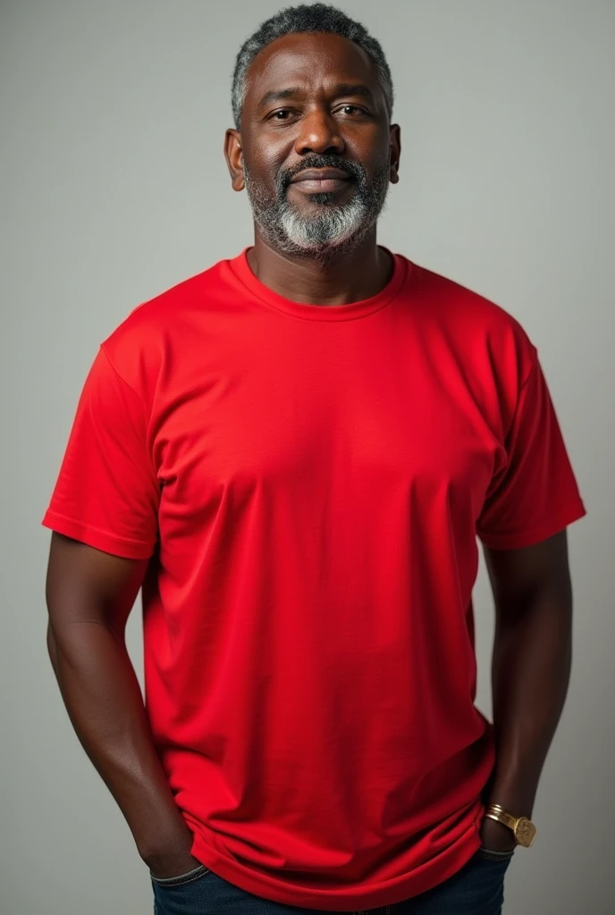 a real brown man standing with a red t-shirt mockup