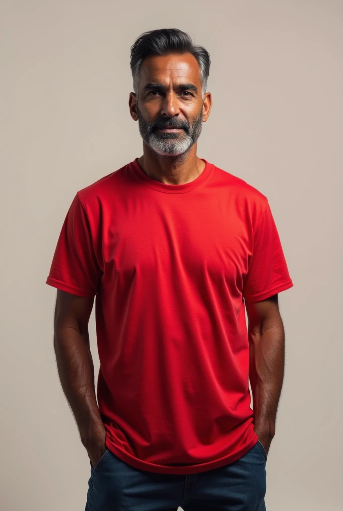 a real brown man standing with a red t-shirt mockup