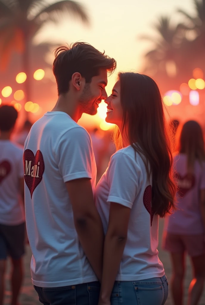 A young couple, enjoying a peaceful movement on a festival, both wearing white t shirts then boy's tshirt has tha name is MANI written in deep black letters positioned above a red heart similarly the girls t shirts
featuras the name DEEP in black letters aiso above a heart and don't show her faces
