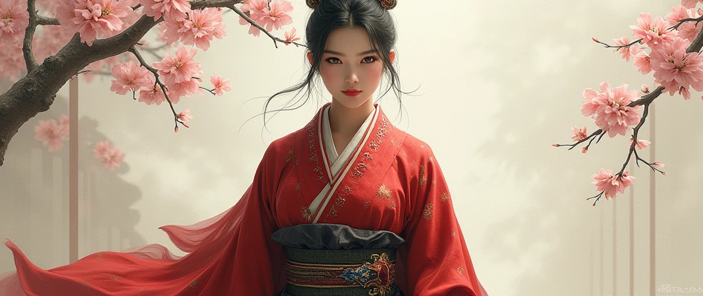 Asian woman in samurai outfit from the front