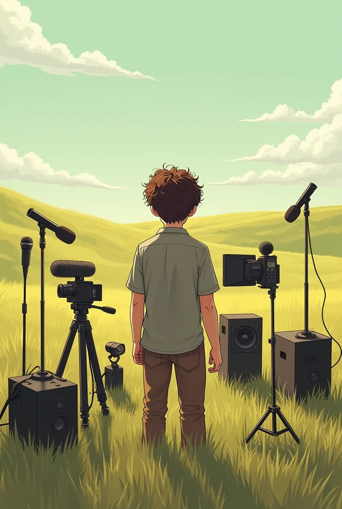 An image made from an illustration of a man from behind, with short curly hair on the field with audiovisual equipment