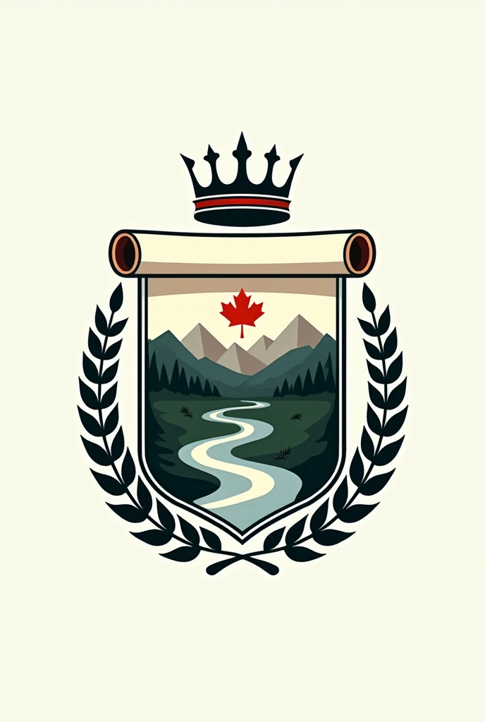 Create a school logo that has a crown on top and laurel leaves on the sides and in the middle a scroll with mountains and a river, a red Easter and a notebook 
