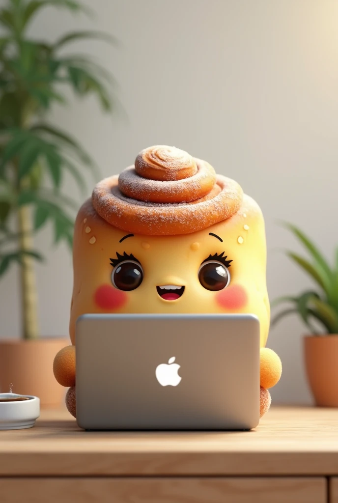 Make a picture of cinnamonroll in front of a laptop 