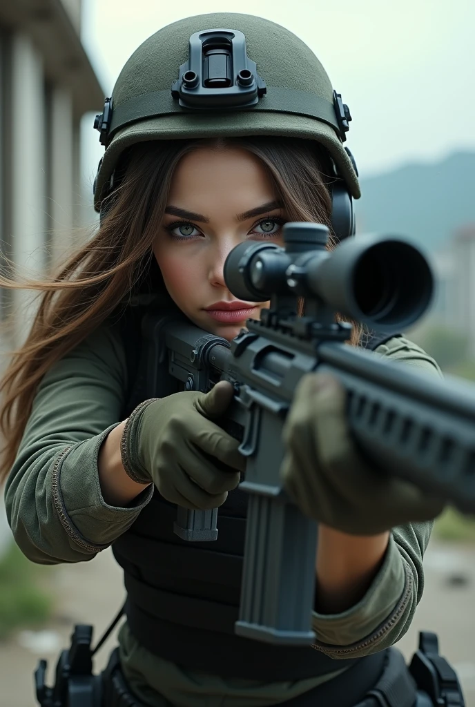 (masterpiece),(Highest quality),(High resolution),(Very detailed),8k,wallpaper,(One Woman:1.6),(Beautiful Face,Beautiful Eyes,Beautiful Hair,Beautiful Skin),(Serious),BREAK(((sniper rifleで何かを狙う:1.5))),((Look through the scope and take aim:1.6)),(Face down)((Close one eye:1.4)),(((sniper rifle))),((SWAT Uniforms,Bulletproof vest, Combat Boots,Tactical Headset,Tactical Helmet)),(The background is the rooftop of an abandoned building:1.6),(((Background Blur))),(Detailed view of the sniper rifle:1.3)