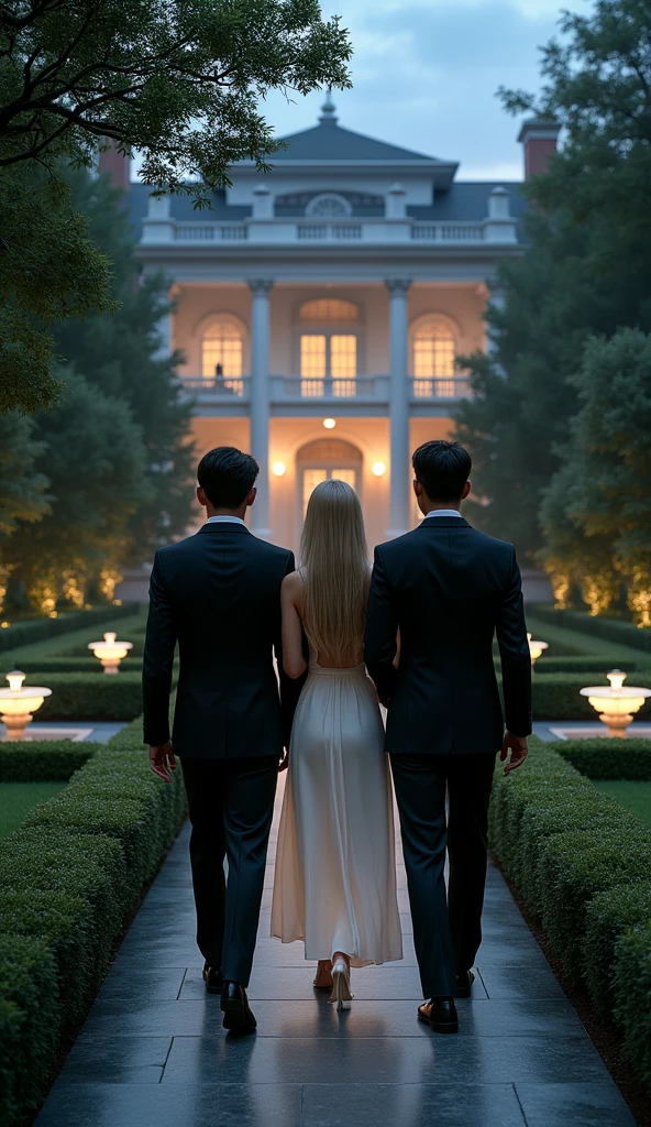 a 3 asian man in a suit following an asian woman with long blonde hair in a white dress in a garden of a luxurious mansion at night