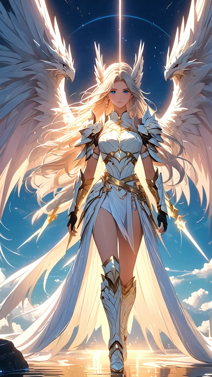 (((masterpiece, best quality, 8k))), celestial female warrior, (full-body), radiant white dragon armor, adorned with glowing angelic symbols, ethereal white light emanating from her, long flowing platinum hair, delicate strands catching the divine light, serene and confident expression, piercing ice-blue eyes, walking through a heavenly realm of floating islands, bathed in a soft golden glow, dragons with luminescent wings soaring in the dawn sky, light beams and clouds swirling around, (celestial lighting, soft white radiance)