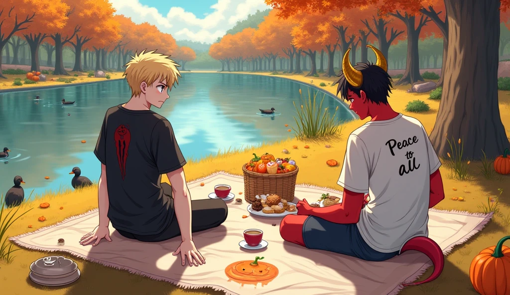 The place is a beautiful square during the fall and in the center of it there is a black picnic blanket with orange and small Halloween pumpkins drawn on the square there is a lake to the left with reeds and some ducks swimming sitting on the tablecloth there are two men one of them is a vampire he has white skin red eyes blond hair and pointy ears he is wearing a black shirt with the word sweet blood written on it a drop of blood drawn on the shirt the other man has red skin black hair golden horns he is wearing a white shirt with the word peace to all he also has a very sharp tail notorious for picnic there is also a picnic basket with various treats and also has a cake on the towel some coffees the image Has to serve in anime