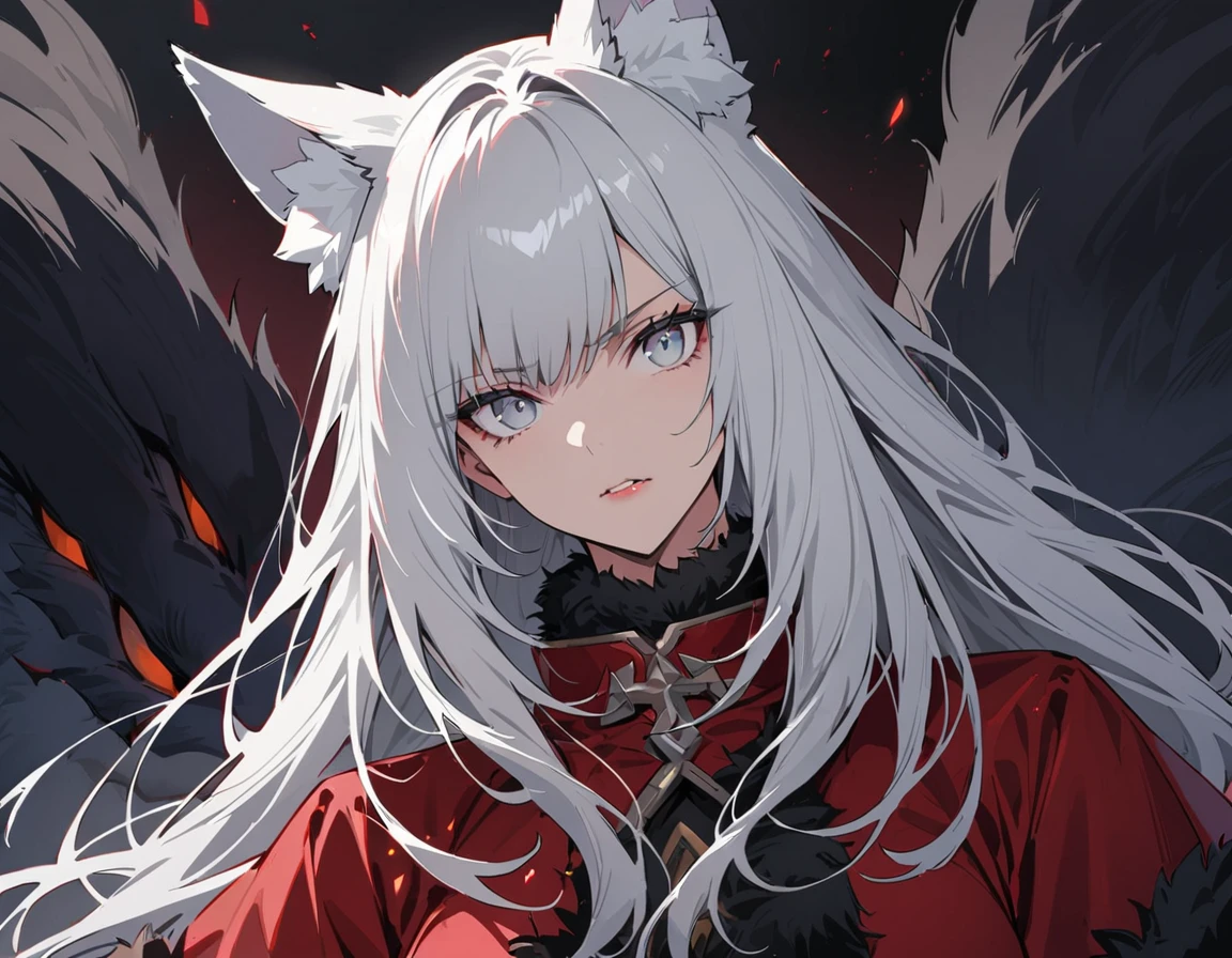 Long white hair, grey eyes, evil, sexy, black and red clothes, evil face, evil, serious look, gloss lips, sinister, front look, bloody, gloves, close up, portrait, beautiful eyes, big white, dark place, night, sensual, straight hair cut, clear skin, evil, young 30 years girl, adult girl, solo, red, very long hair, ankle length hair, handsome older WOMAN,grey-eyes,grey pupils,Long white hair,Hyperresolution,accuracy,Detailed rendering,(Image of fine hair)(topquality)(Masterpieces of masters)(High degree of completeness)(A sense of atmosphere)tmasterpiece,Super detailed and super detailed(((half-body portrait)))(((Fluffy wolf ears))) (((Wearing a white and black fur fighting outfit)))(((Stern expression)))(((Ankle length white hair)))(((Grey eyes)))