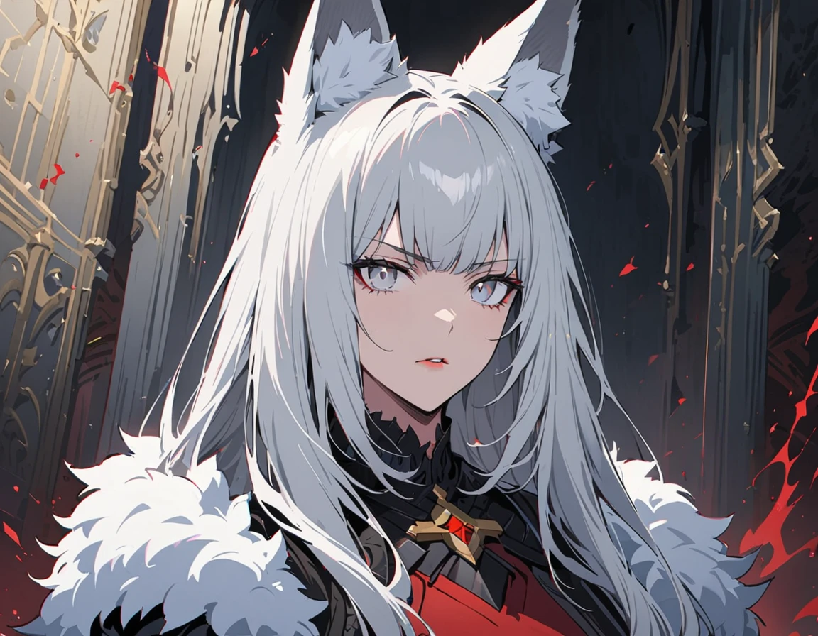 Long white hair, grey eyes, evil, sexy, black and red clothes, evil face, evil, serious look, gloss lips, sinister, front look, bloody, gloves, close up, portrait, beautiful eyes, big white, dark place, night, sensual, straight hair cut, clear skin, evil, young 30 years girl, adult girl, solo, red, very long hair, ankle length hair, handsome older WOMAN，grey-eyes，grey pupils，Long white hair，Hyperresolution，accuracy，Detailed rendering,（Image of fine hair）（topquality）（Masterpieces of masters）（High degree of completeness）（A sense of atmosphere）tmasterpiece，Super detailed and super detailed（((half-body portrait)))(((Fluffy wolf ears))) (((Wearing a white and black fur fighting outfit)))(((Stern expression)))(((Ankle length white hair)))(((Grey eyes)))