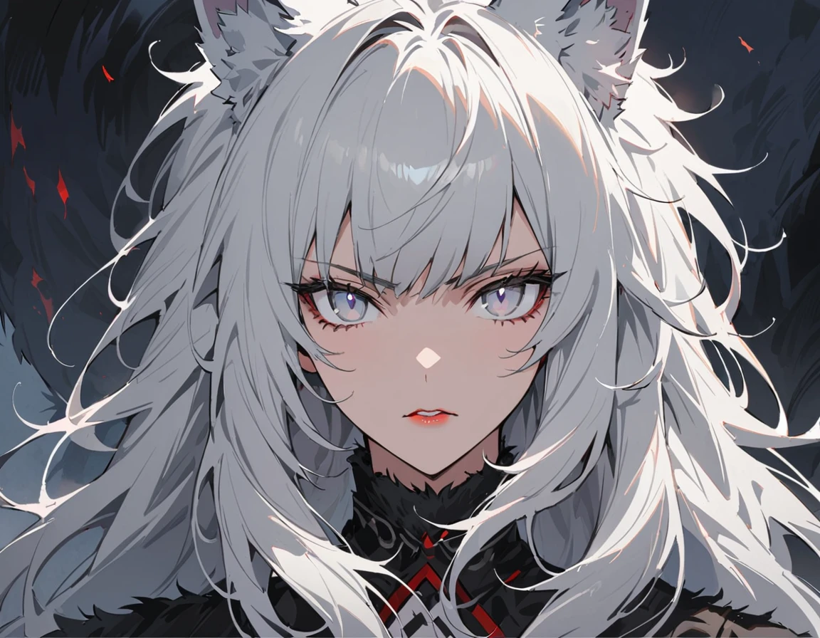 Long white hair, grey eyes, evil, sexy, black and red clothes, evil face, evil, serious look, gloss lips, sinister, front look, bloody, gloves, close up, portrait, beautiful eyes, big white, dark place, night, sensual, straight hair cut, clear skin, evil, young 30 years girl, adult girl, solo, red, very long hair, ankle length hair, handsome older WOMAN,grey-eyes,grey pupils,Long white hair,Hyperresolution,accuracy,Detailed rendering,(Image of fine hair)(topquality)(Masterpieces of masters)(High degree of completeness)(A sense of atmosphere)tmasterpiece,Super detailed and super detailed(((half-body portrait)))(((Fluffy wolf ears))) (((Wearing a white and black fur fighting outfit)))(((Stern expression)))(((Ankle length white hair)))(((Grey eyes)))