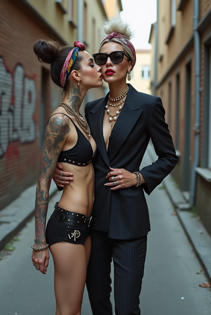 Two russian old milf women: the dominant aggressive dark skinned black woman in business pinstripe suit (jacket and trousers), black heeled shoes long ,nails and afro hair, standing up with separated legs and possessive stance showing off her new white girlfriend to the camera (hands on her white girlfriend's neck). Next to her, her white rich drunk girlfriend looks at the camera (white woman is very pale: pale face, pale neck, pale chest, pale arms, pale hands, pale stomach, pale leg), white woman stretches her neck and looks at the camera feeling overwhelmed by her girlfriend. white woman leans on her girlfriend , feeling needy. white woman is being seduced. White woman stands up with separated legs, White woman"s body is twisted and unstable, the hands of white woman are on her waist. White woman wears low rise back sequins mini skirt and black silk stockings, platinum blonde hair (pouf, top bun, saved sides, wide colourful bandana as headband) and oversized square sunglasses as headband. Big lips with no makeup. White woman wears dark grey suede cropped moto jacket and Black studded leather push up bra and has big breasts. Barefoot.. Lots of thick wide studded bracelets in the wrists of the white woman, big pearl necklaces around the neck of the white woman, and big rings, Pearl earrings. Wide loose studded belt with big solid buckle. Loose chains and studded belts around the hips of the white woman. White woman is lazy, leaning on her girlfriend.. The white woman is densely tattooed on neck, tattoed chest, tattoed stomach, tattoed legs, wrists and feet. White woman has well Toned abdominals, thin neck, slim legs and thin arms. White woman has Narrow hips and noticeable tigh gap. The body of the white woman is twisted in a lazy posture. Full body. On a narrow street with graffitied walls . Point of view: seen from above