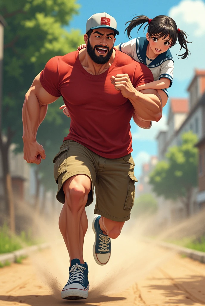 Muscular man wearing a shirt with long shorts Long loose shorts With pockets on the sides with converse sneakers red T-shirt and brown shorts Long short, Normal musculature With beard and baseball cap Realistic musculature. Carrying in his arms Short petite adult woman with long pigtails and school uniform Sailor uniform with short skirt While running very fast kicking up dust anime style 2D He has normal musculature
