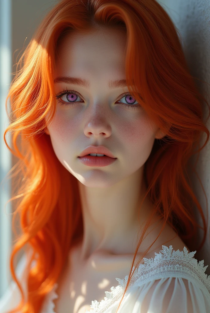 Draw a red haired girl with purple eyes and white skin