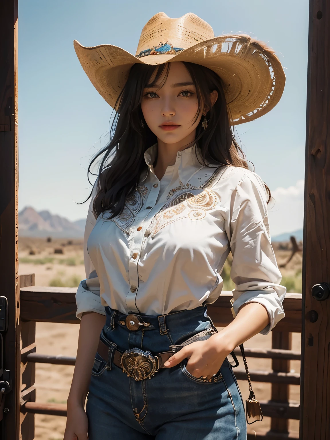 Western Cowboy Style, Cowgirl, photograph, Highest quality, Realistic, Realistic, Intricate details, (The finer details), (Intricate details), Cinematic Light, Highest quality backlight, Clear lines, 8k, Ultra-high resolution, Pure Eros Face_v1,