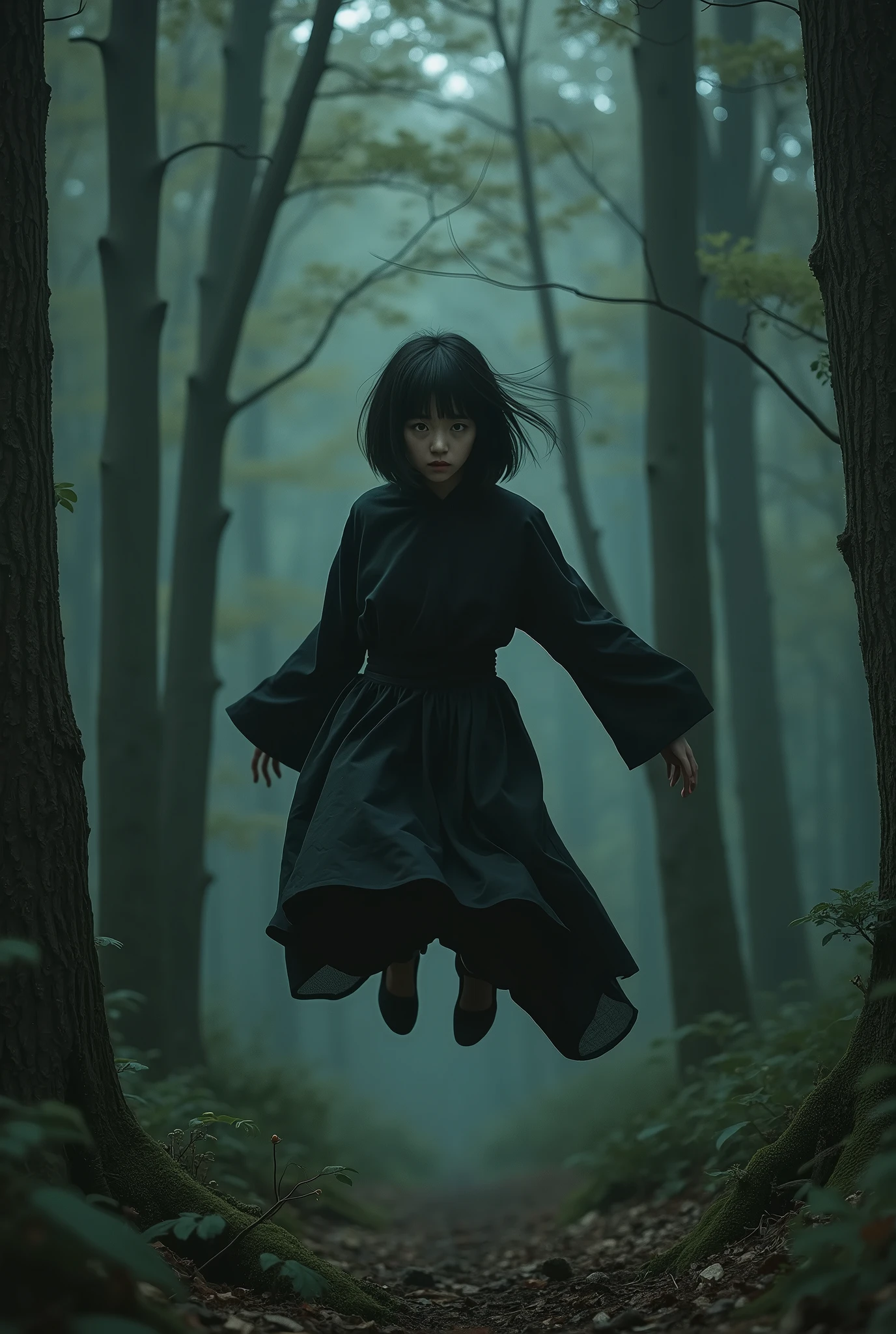 Depressed girl、Japanese、Black Hair、Bobcut、Pale complexion、Are thin、Ninja、Jumping between trees、Deep woods、Real、Photographic precision
