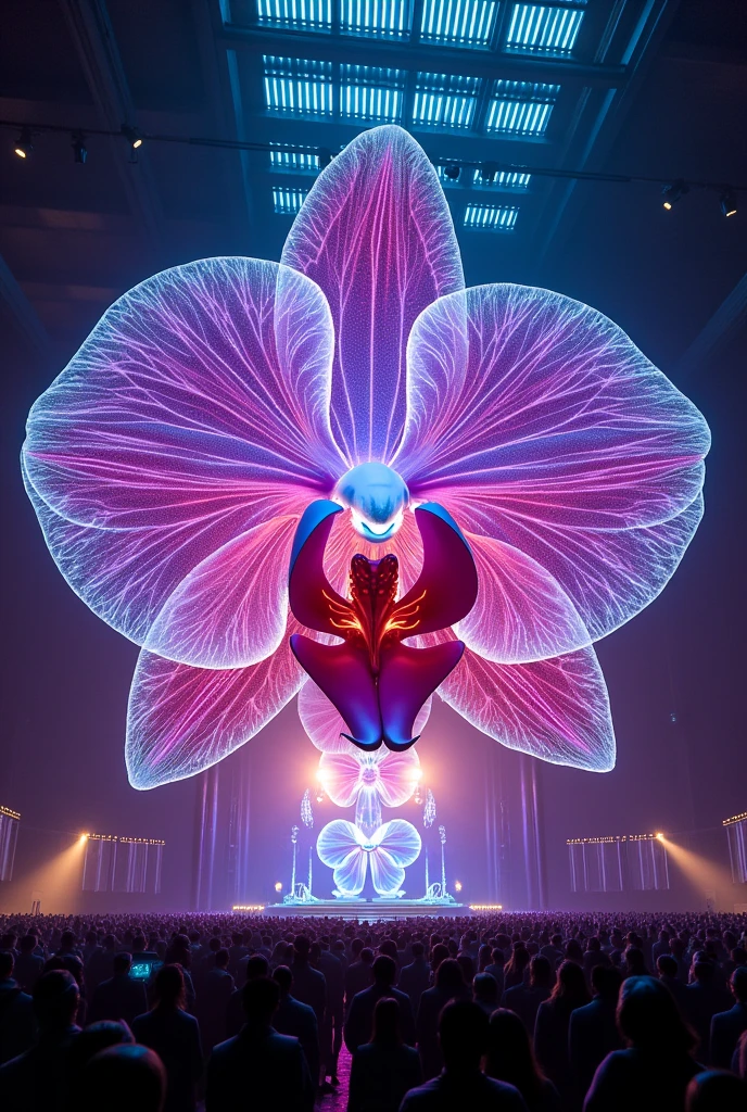 Orchid-shaped rave stage, with eyes and many colors