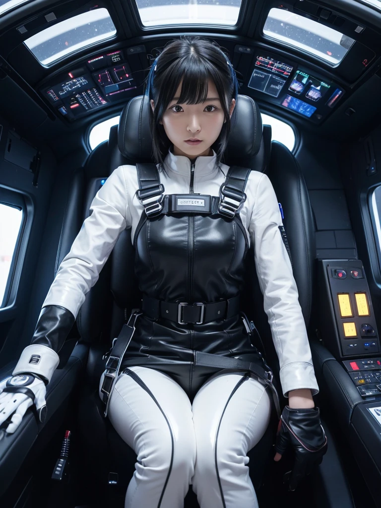 Japanese female android,Black Hair,The spaceship's cockpit,The person is completely secured in the seat with the backrest reclined by a thick harness belt.,Plump,Spread your legs,Squat,Shiny white robot suit,Robotic arms and legs,Surrounded by switches and monitors,